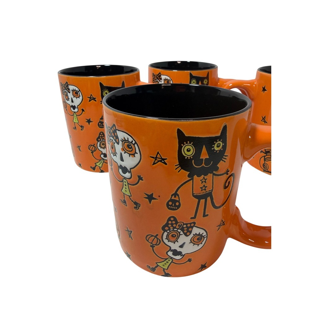 Spectrum Designz Halloween Mug Set 4 Orange Black Cat Sugar Skull Ceramic